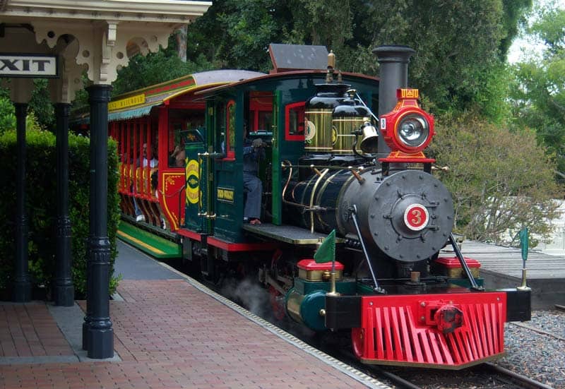 Disneyland Railroad #3, Fred Gurley, arriving at Main Street Station in Disneyland.