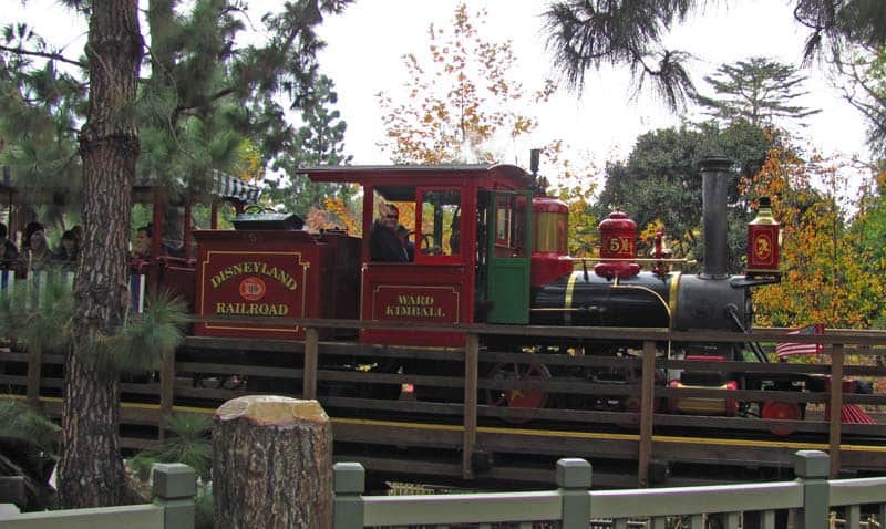 Ward Kimball rumbles along the Disneyland Railroad.