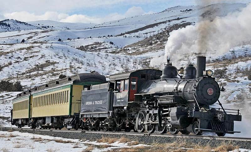 Virginia and Truckee #29 on excursion in snowy Nevada.