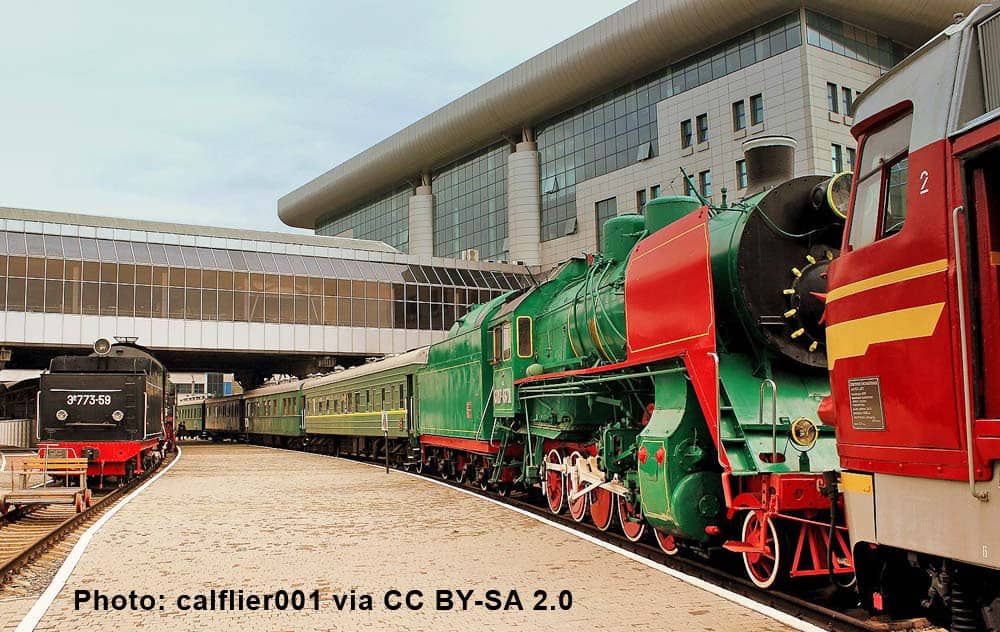 Soviet-era steam locomotives on display at the Ukraine National Railway Museum.