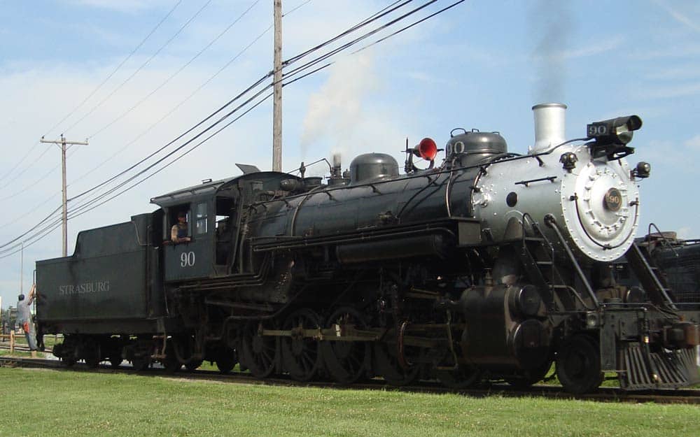 Strasburg #90 running near the Strasburg Rail Road yard.