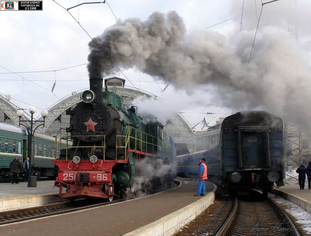 The huge Class SU ready with an excursion in 2008 at Lviv Station.  One of the many steam locomotives in Ukraine.