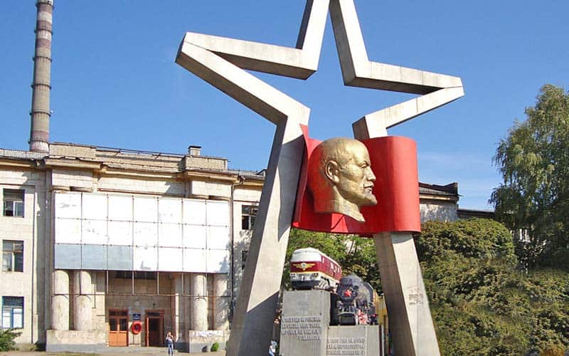 Entrance to the Voroshilovgrad Locomotive Works in Luhansk, Ukraine.