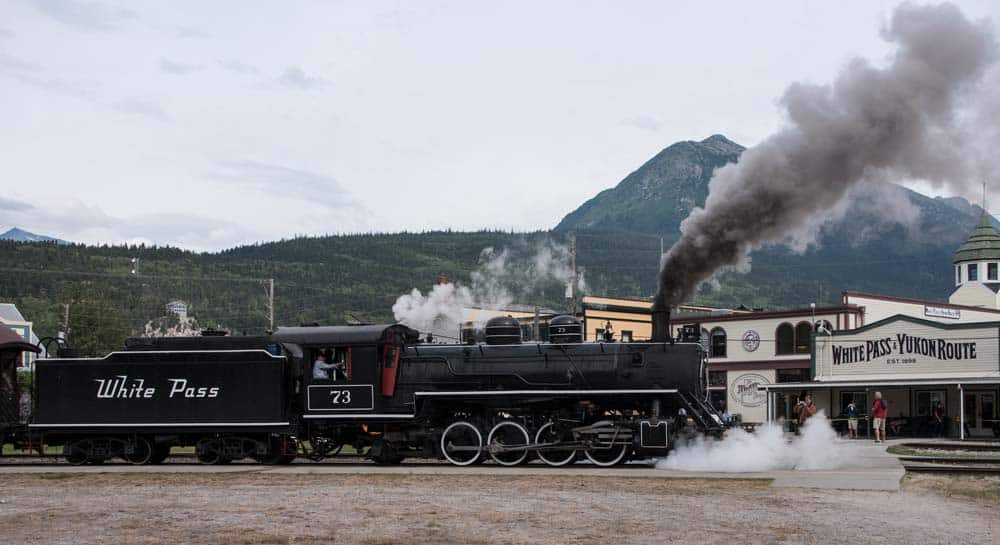 White Pass #73 pulling into a station on the White Pass & Yukon Route.