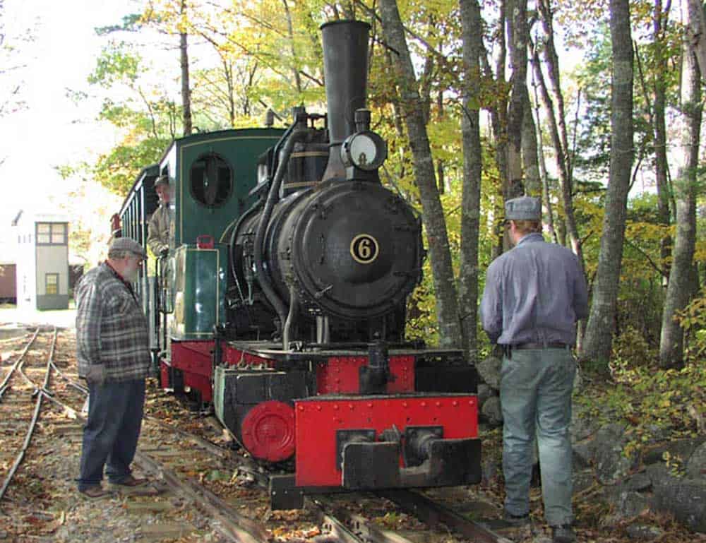 Railfans getting up close with the Boothbay #6 at the Boothbay Railway Village.