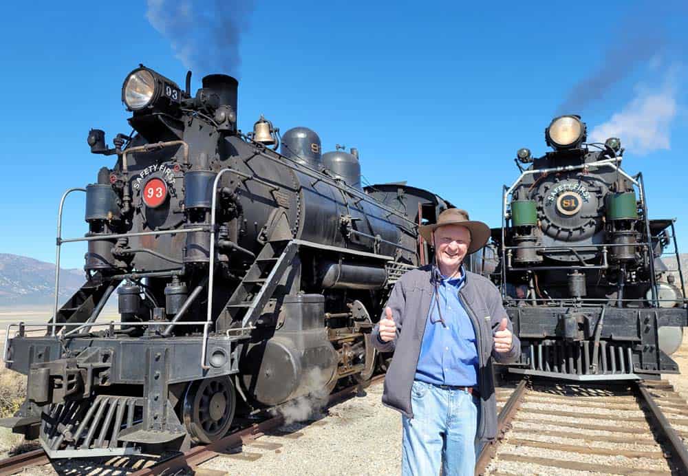 The late Jim Wrinn celebrating Nevada Northern #81 and a return to steam.