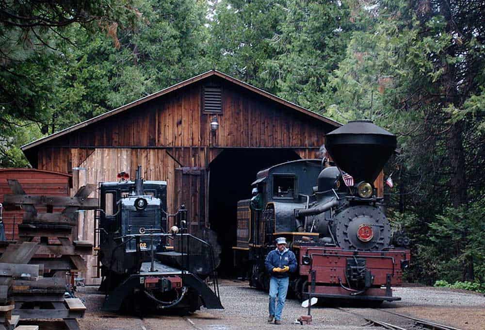 Yosemite Mountain Sugar Pine Railroad #10 returns to the shop post excursion. 