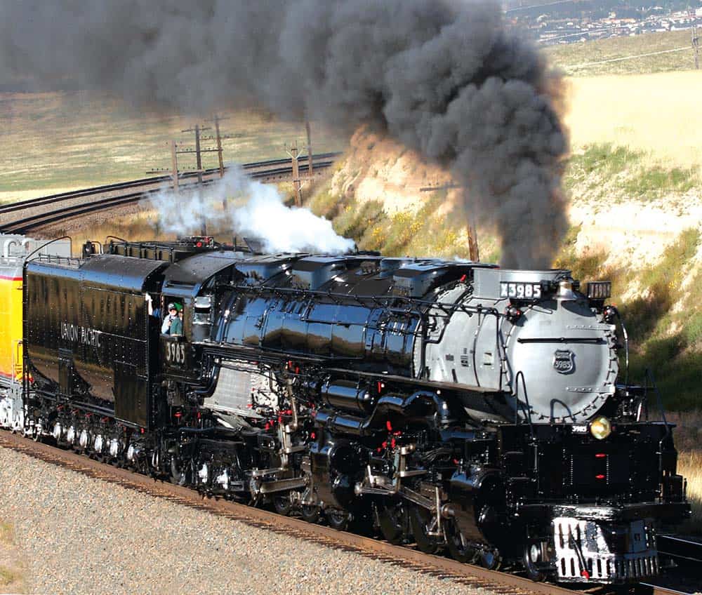 Union Pacific Challenger 3985 running under a full head of steam in the Midwest.