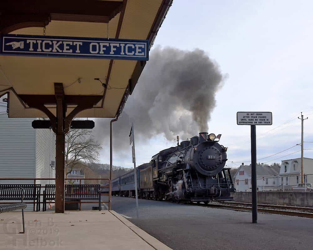 The restored CNJ #113 pulls into the station during a popular 'Santa Train' excursion.