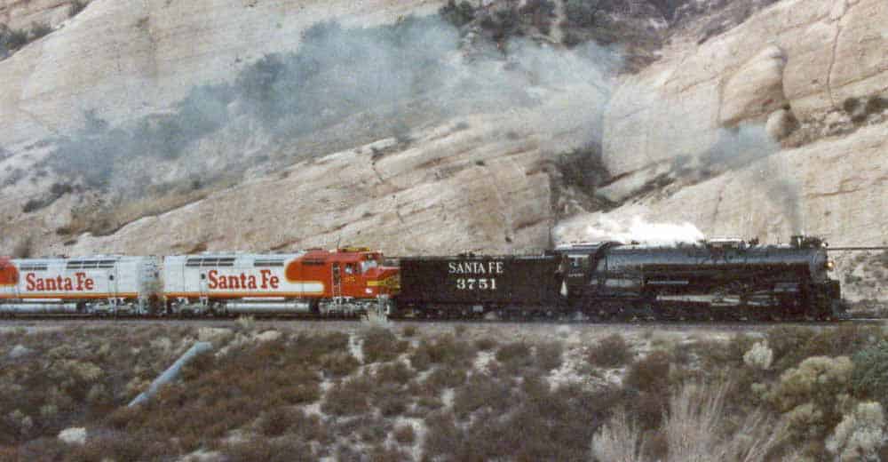 Santa Fe #3751 traveling the Cajon Pass.  She can now be found at the San Bernardino Railroad Historical Society