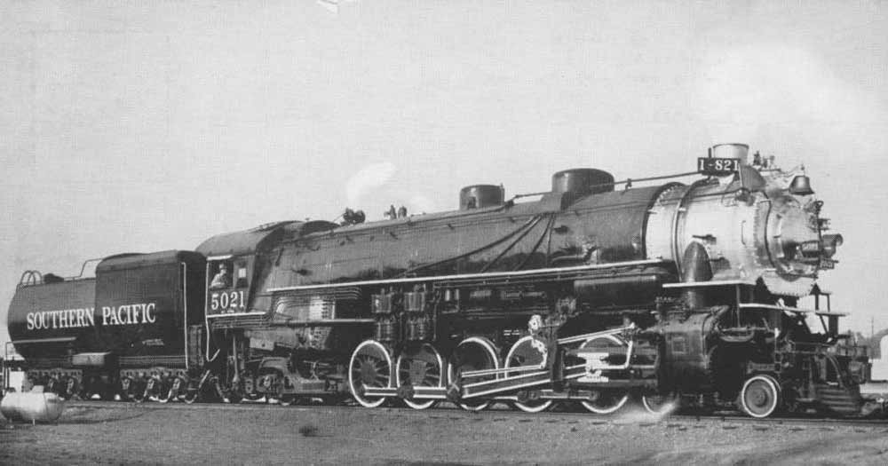 SP #5021 steaming up in 1963. She is the last surviving 4-10-2 'Southern Pacific type locomotive'.