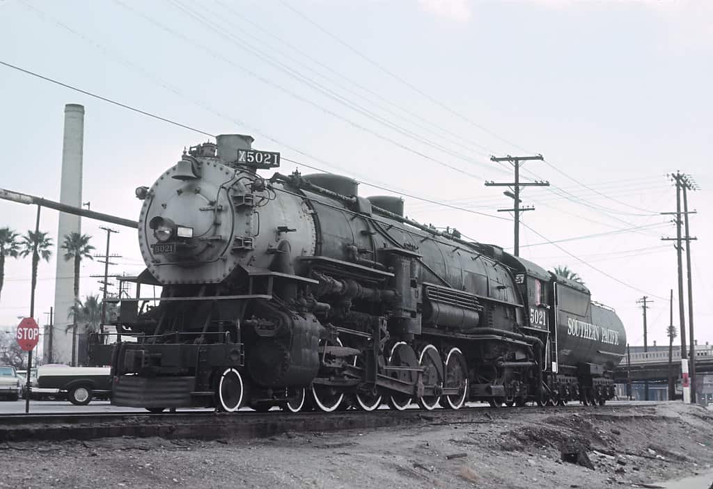 After her revenue career ended, SP #5021 went on static display. Shown here on static display in San Bernardino in 1972.