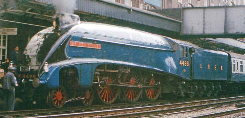 Back in her London & North Eastern Railway blue, the Sir Nigel Gresley is seen here in 1974 at the Newport, Wales, UK train station.