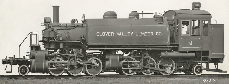 Baldwin Builders Photo of an articulated tank locomotive, a 2-6-6-2T in the Whyte Notation. This is the CLover Valley Lumber Company #4, now preserved in operating condition at the Niles Canyon Railway.