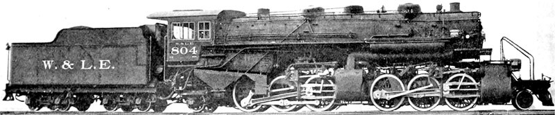 A Wheeling & Lake Erie articulated steam locomotive. #804 here is a "Chesapeake" type. With her tender she is a 2-6-6-2 wheel arrangement in Whyte Notation.