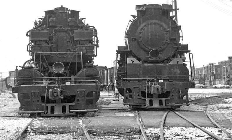 This photo was taken less than 10 years after C&O 1309 arrived at the B&O Railroad Museum in Baltimore. 1309 is on the left while C&O Kanawha 2705 in on the right. At this time no restoration work had been done. Photo by Dave MacKenzie.