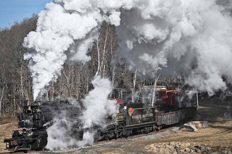 Newly restored Western Maryland Scenic Railroad 1309, former Chesapeake & Ohio 1309, rounds Helmstetter's Curve between Cumberland and Frostburg, Maryland.