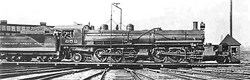 Like the Great Northern, the Chicago Great Western was a prairie road and used the "Chesapeake" type steam locomotive in much the same was, hauling long trains at slow speeds. Here is CGW #652 on a turntable. 