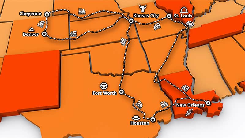 A colorful map showing the 10 states Union Pacific Big Boy 4014 visited on its 2021 tour of the Midwest and South. 