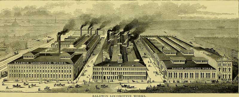 Illustration of Baldwin Locomotive Works facilities in 1875.