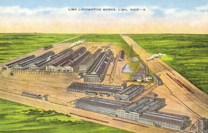 Undated postcard featured painting of the Lima Locomotive Works.