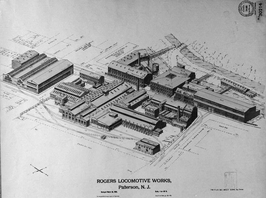 Arial view drawing of the Rogers Locomotive Works facilities.