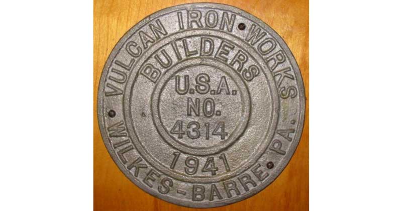 Builders Plate for Vulcan Iron Works Locomotive #4314.