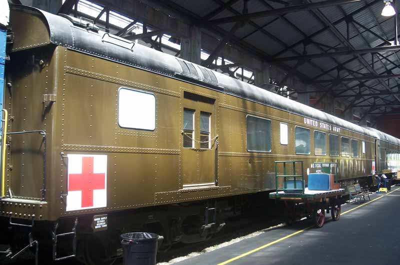 A former US Army hospital train car on display at the Gold Coast Railway Museum in Florida.